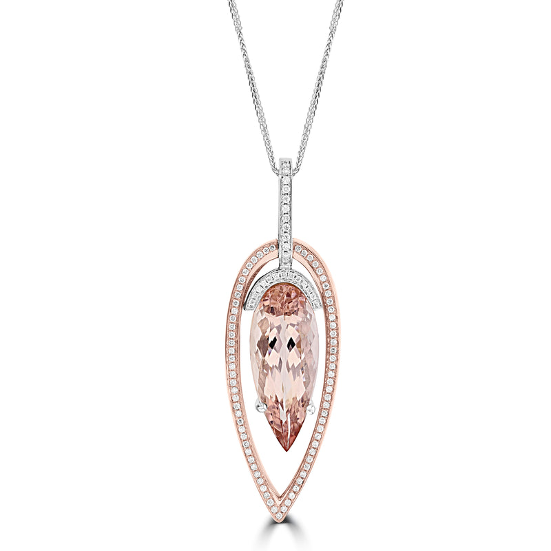 14K White and Rose gold Morganite 12.85cts and Diamond 0.55cts (SI1-VS, G-H) Pendant Necklace