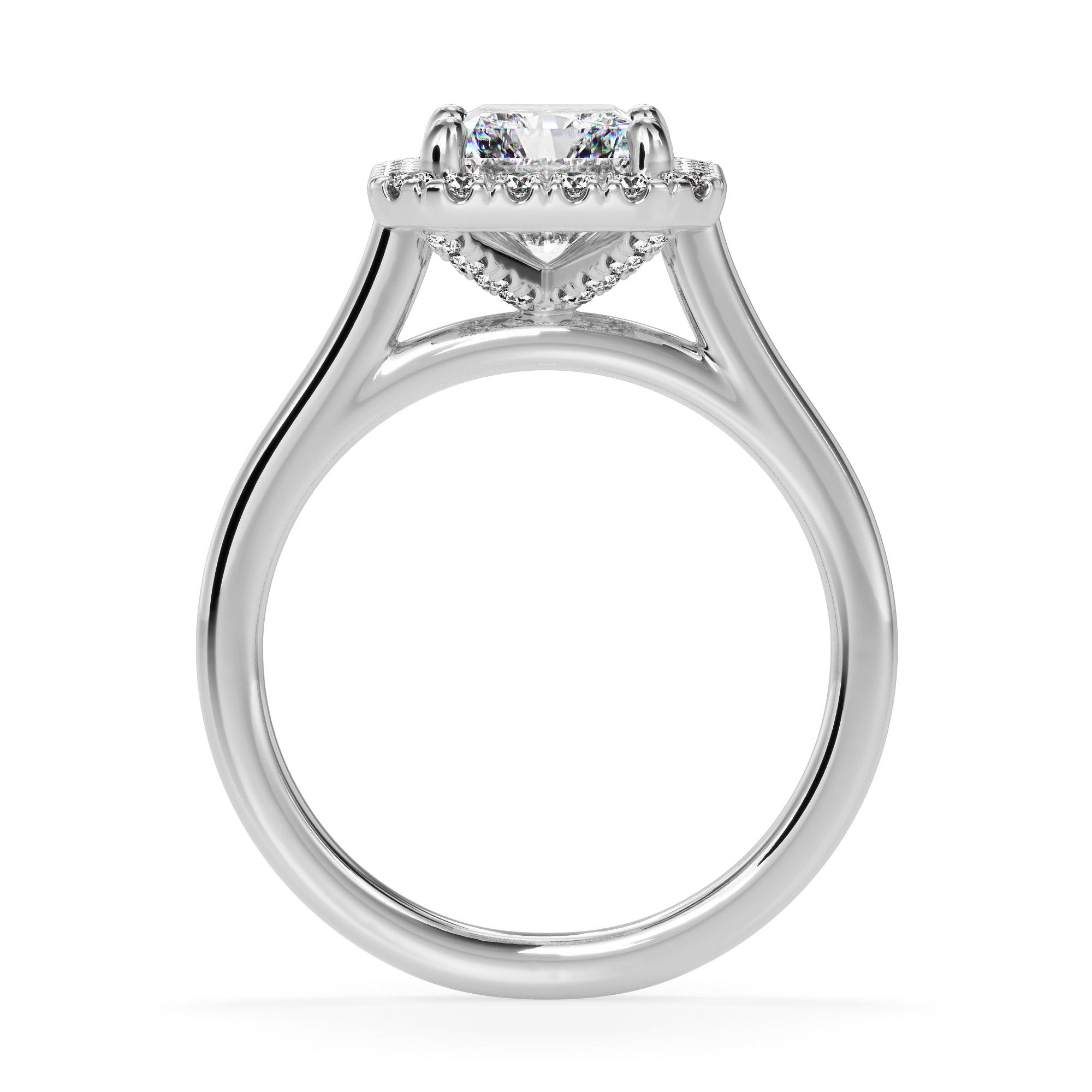 White gold radiant engagement ring with halo