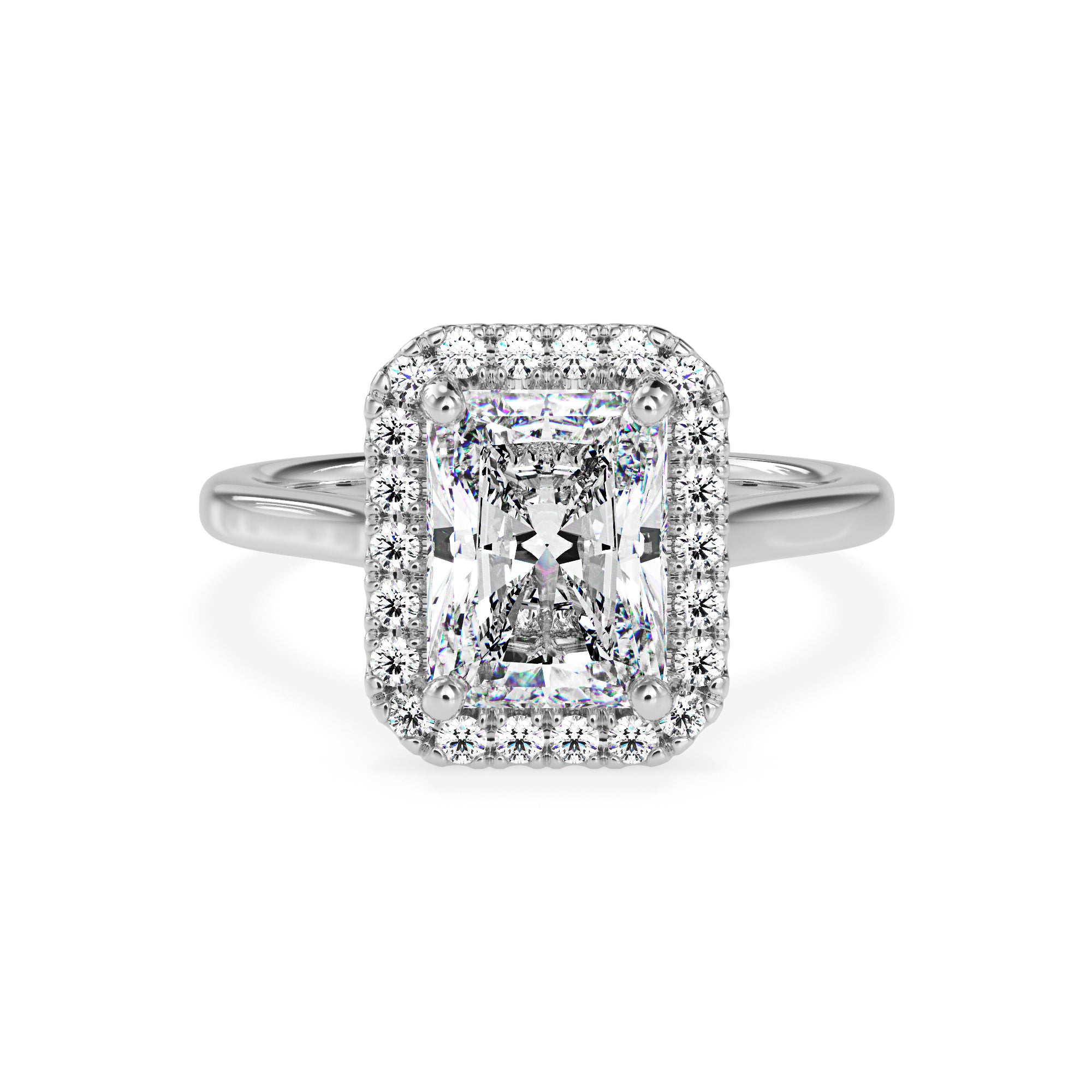 White gold radiant engagement ring with halo