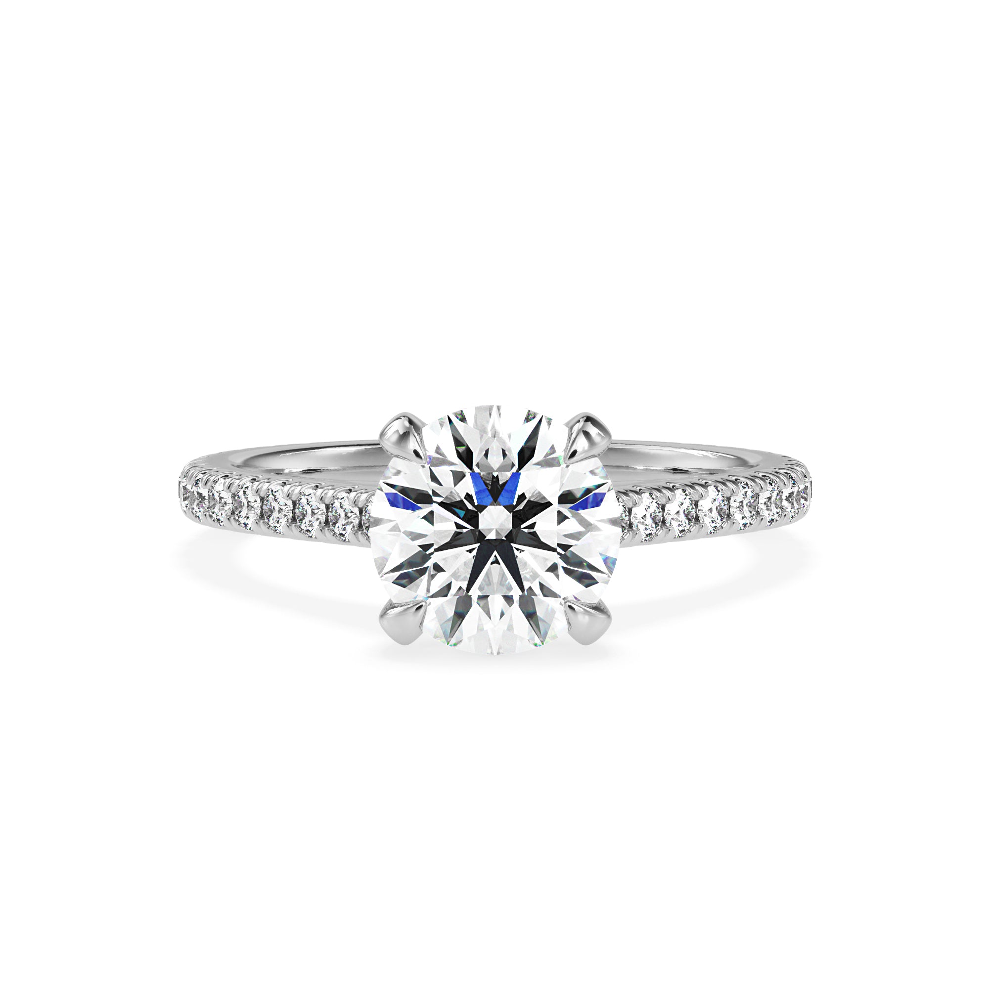 A dazzling round brilliant cut diamond set in a white gold engagement ring.