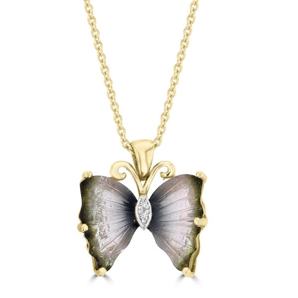 14k Yellow Gold Natural Tourmaline and White Diamond Accent Butterfly Necklace