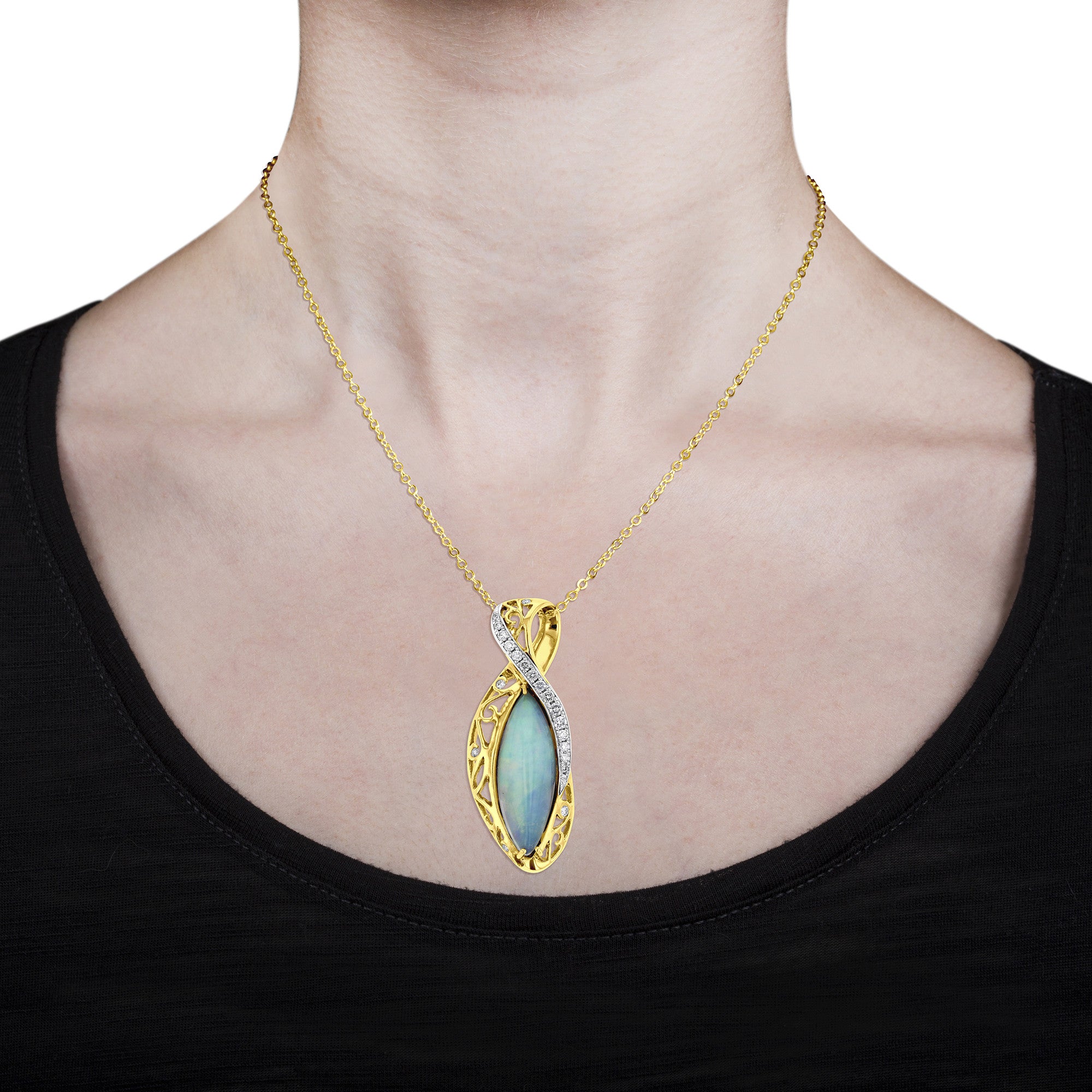 14K Yellow Gold Natural Ethiopian Opal 6.07ct and Diamond 0.50ct TDW (VS-SI1, G-H) Necklace