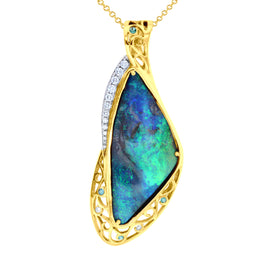 14K Yellow Gold Natural Australian Boulder Opal 34.16ct, Paraiba Tourmaline 0.04ct and Diamond 0.45ct TDW  (SI1-VS, G-H)Necklace