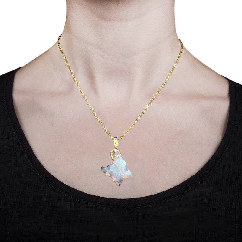 14K Yellow Gold 14.70ct Ethiopian Opal and 0.27ct Diamond (SI1-VS, G-H) Pendant Necklace