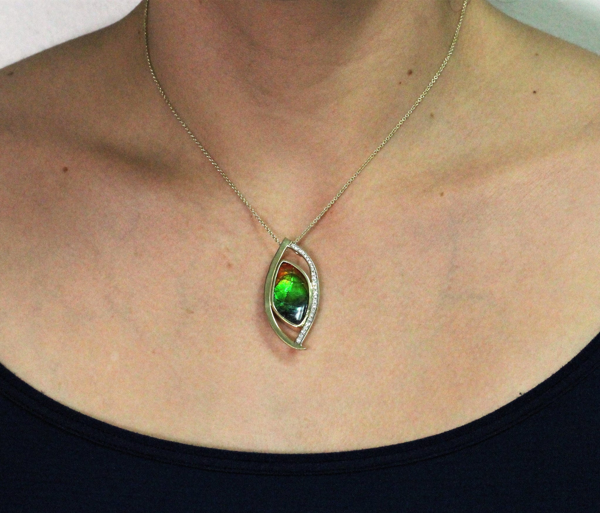 14K Yellow Gold 18.30cts Ammolite & 0.37cts Diamond Necklace