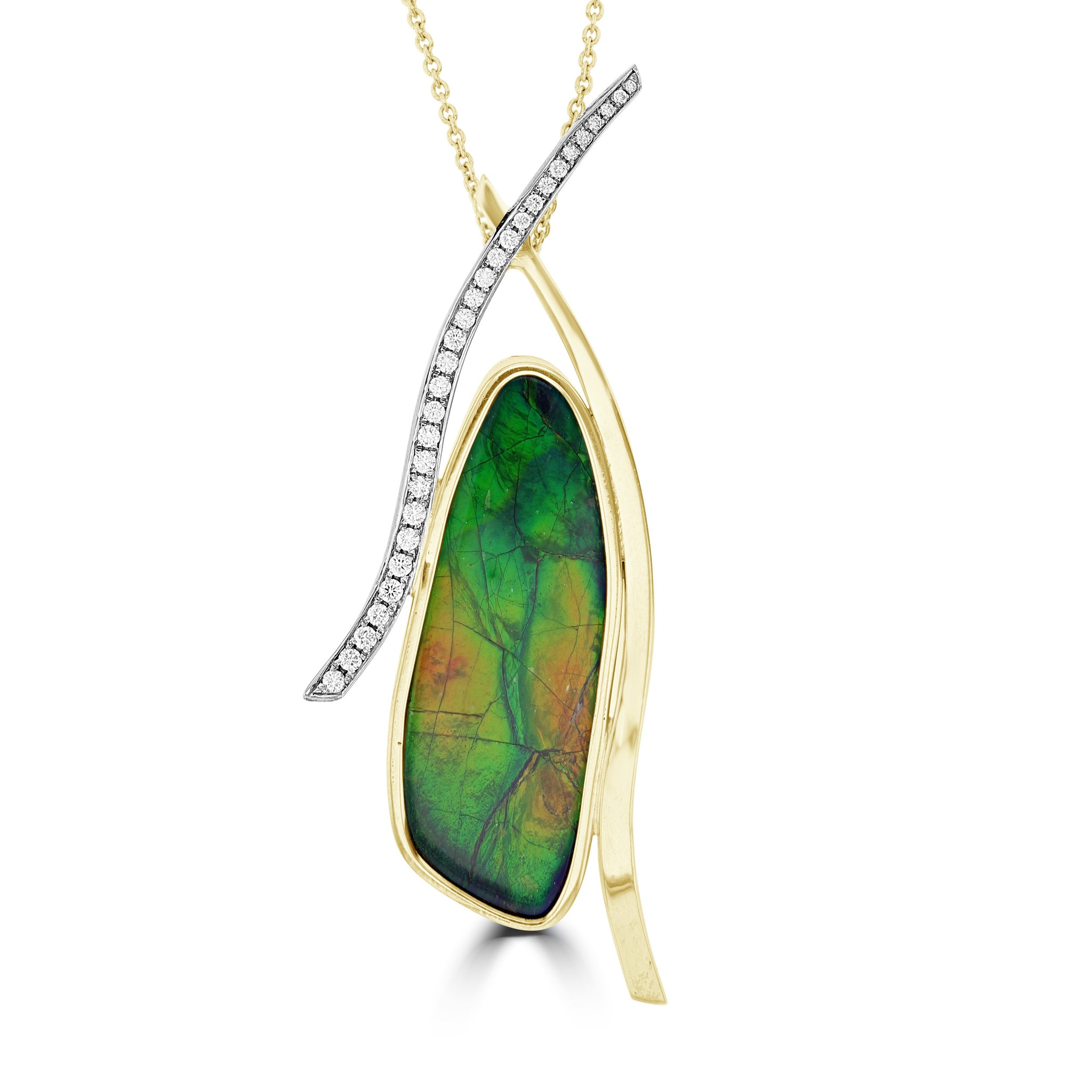 14K Yellow Gold Ammolite 20.17cts and Diamond 0.40ct (SI1-VS, G-H ) Necklace