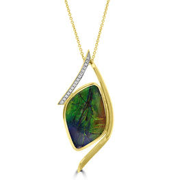 14K Yellow Gold 12.23ct Ammolite and Diamond 0.16ct (SI1-VS, G-H ) Necklace