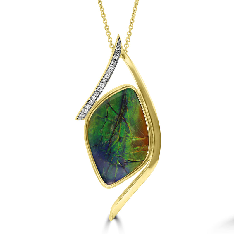 14K Yellow Gold 12.23ct Ammolite and Diamond 0.16ct (SI1-VS, G-H ) Necklace