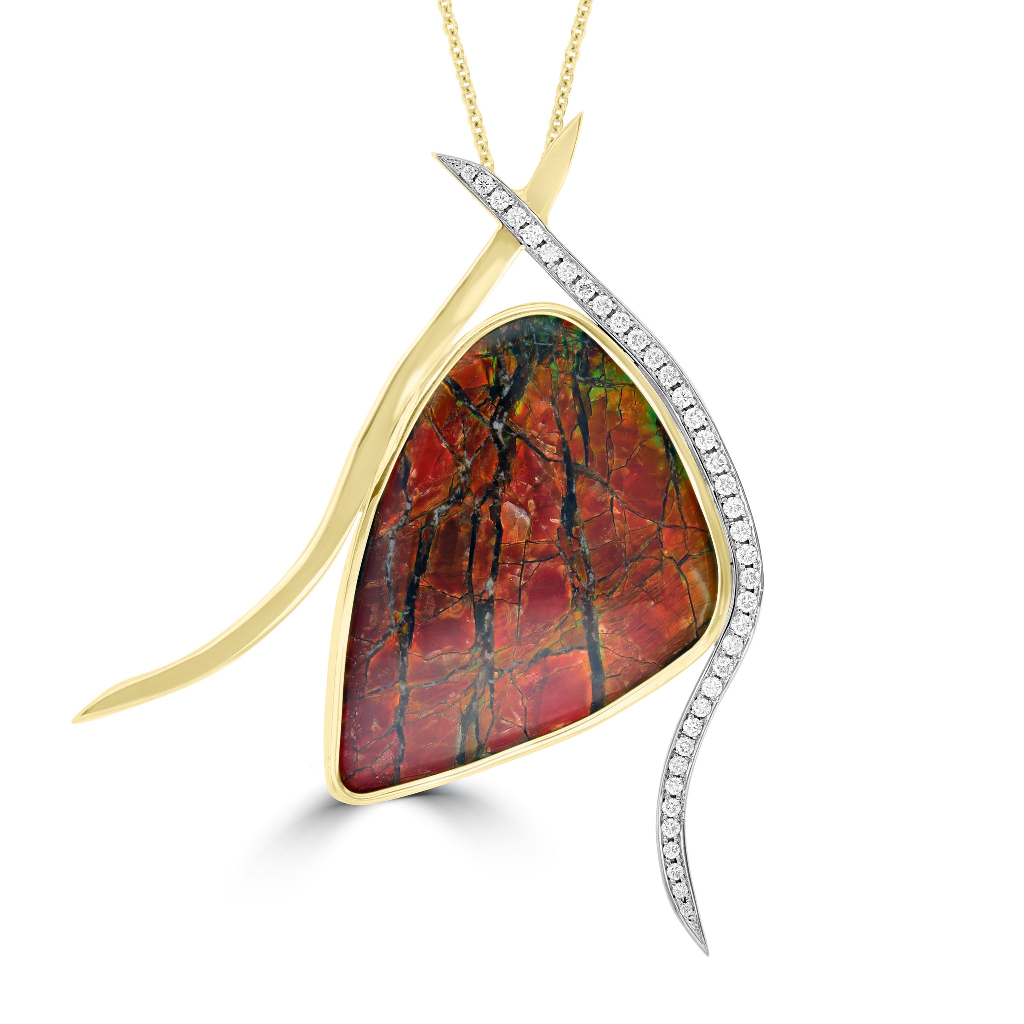 14K Yellow Gold Ammolite and 1/2ct TDW White Diamond Pendant Necklace