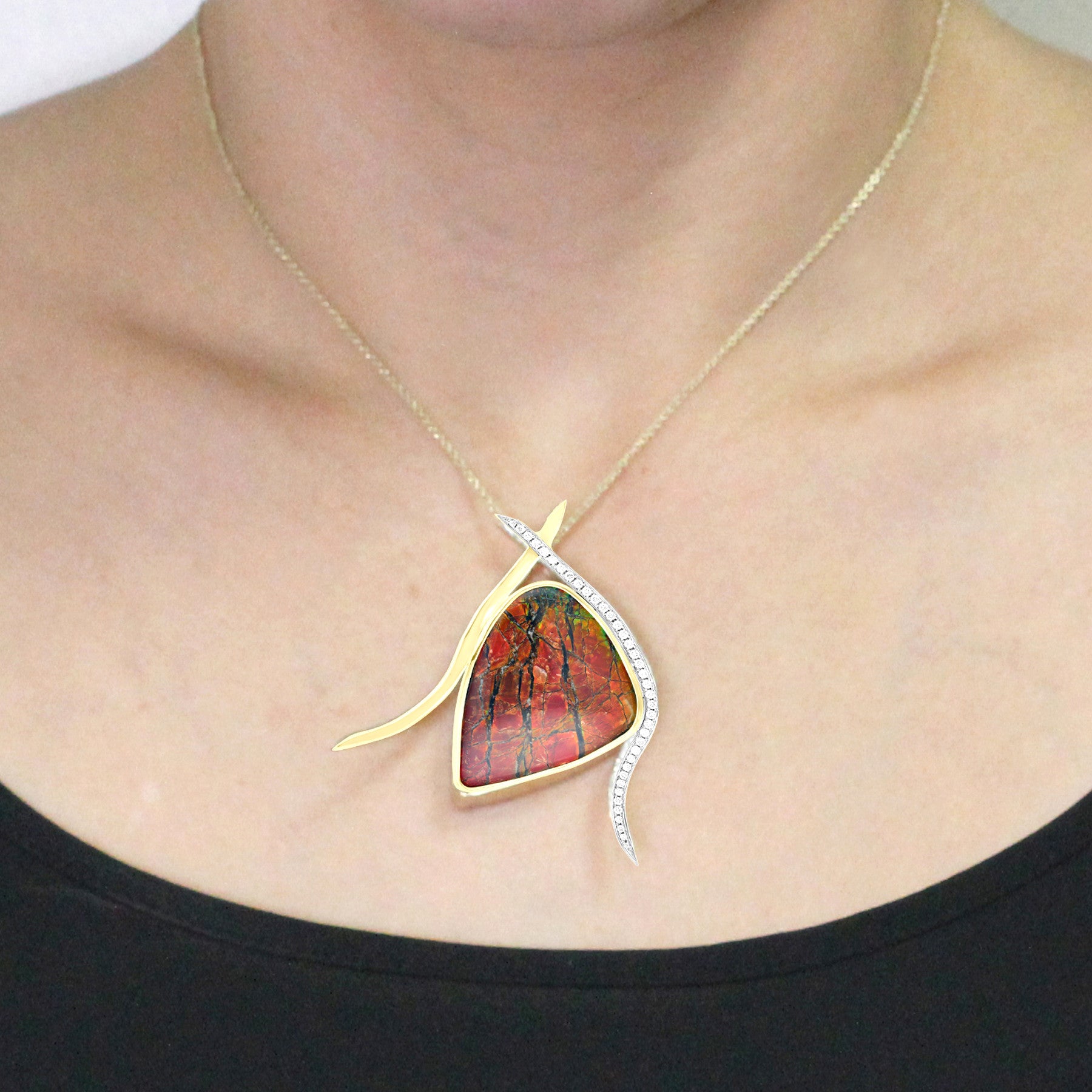 14K Yellow Gold Ammolite and 1/2ct TDW White Diamond Pendant Necklace