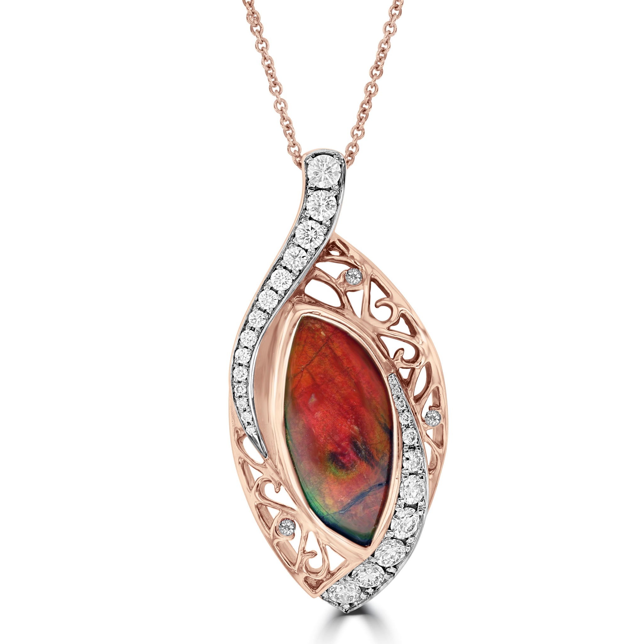 14K Rose Gold 7.57ct Ammolite and Diamond 1.00ct TDW (SI1-VS, G-H ) Necklace