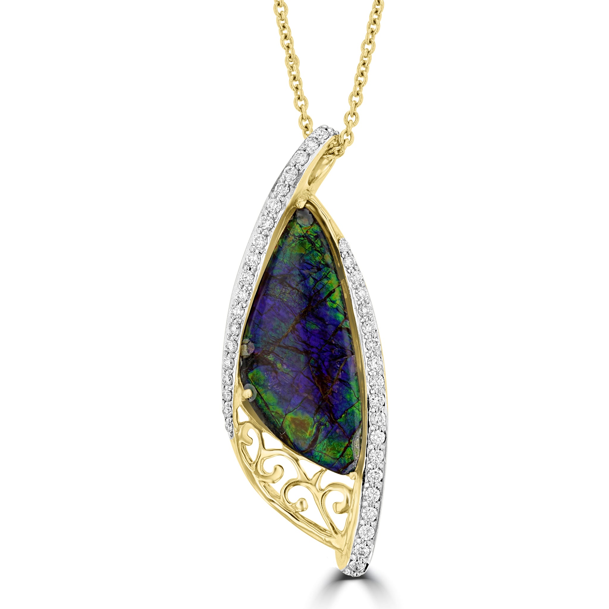 14K Yellow Gold 5.52ct Ammolite and Diamond 0.34ct (SI1-VS, G-H ) Necklace