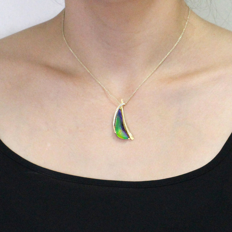14K Yellow Gold 9.16ct Ammolite and Diamond 0.08ct (SI1-VS, G-H ) Necklace