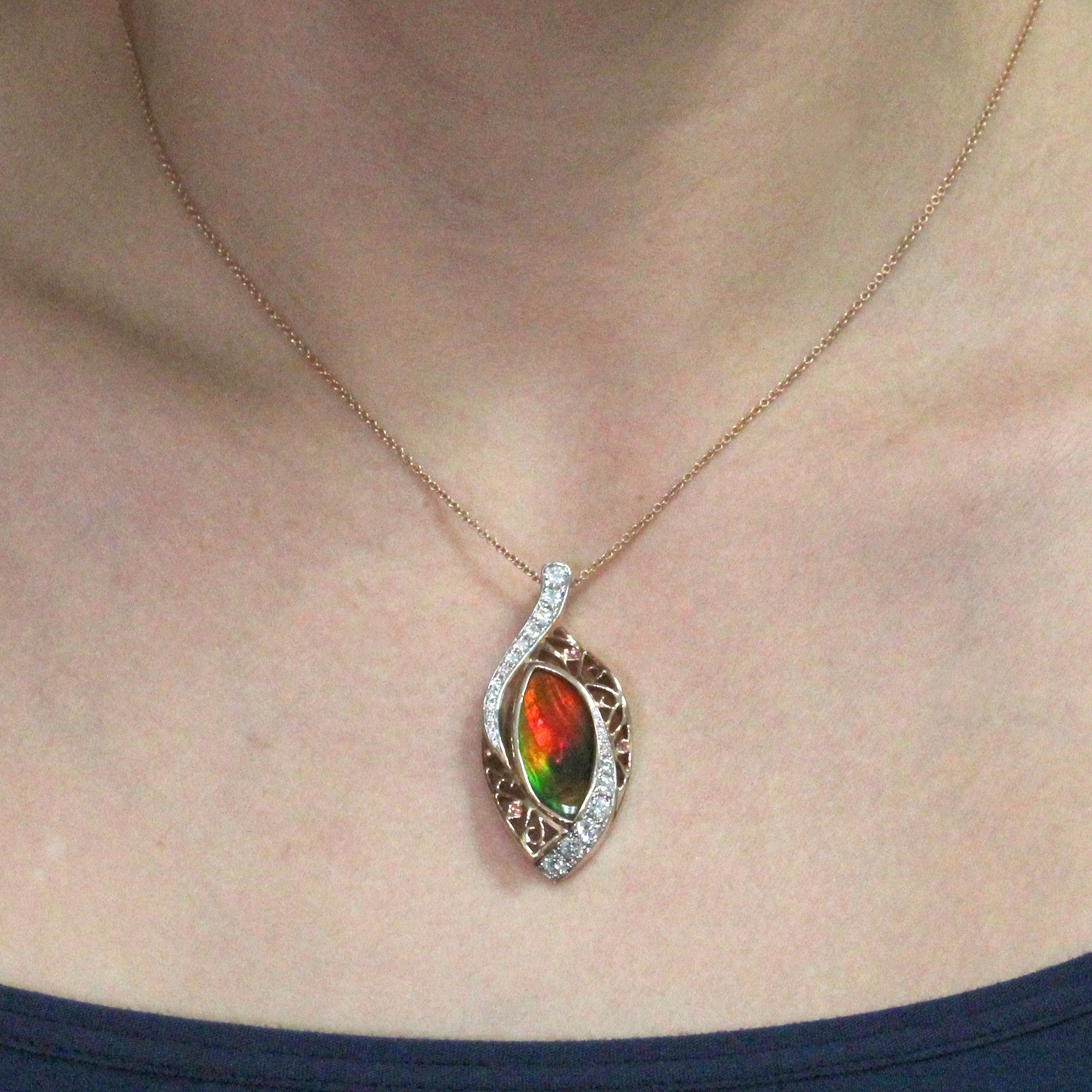 14K Rose Gold 7.57ct Ammolite and Diamond 1.00ct TDW (SI1-VS, G-H ) Necklace