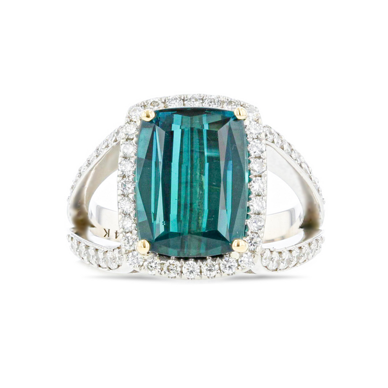 Cushion Turquoise Tourmaline & Diamond Spilt Shank Ring