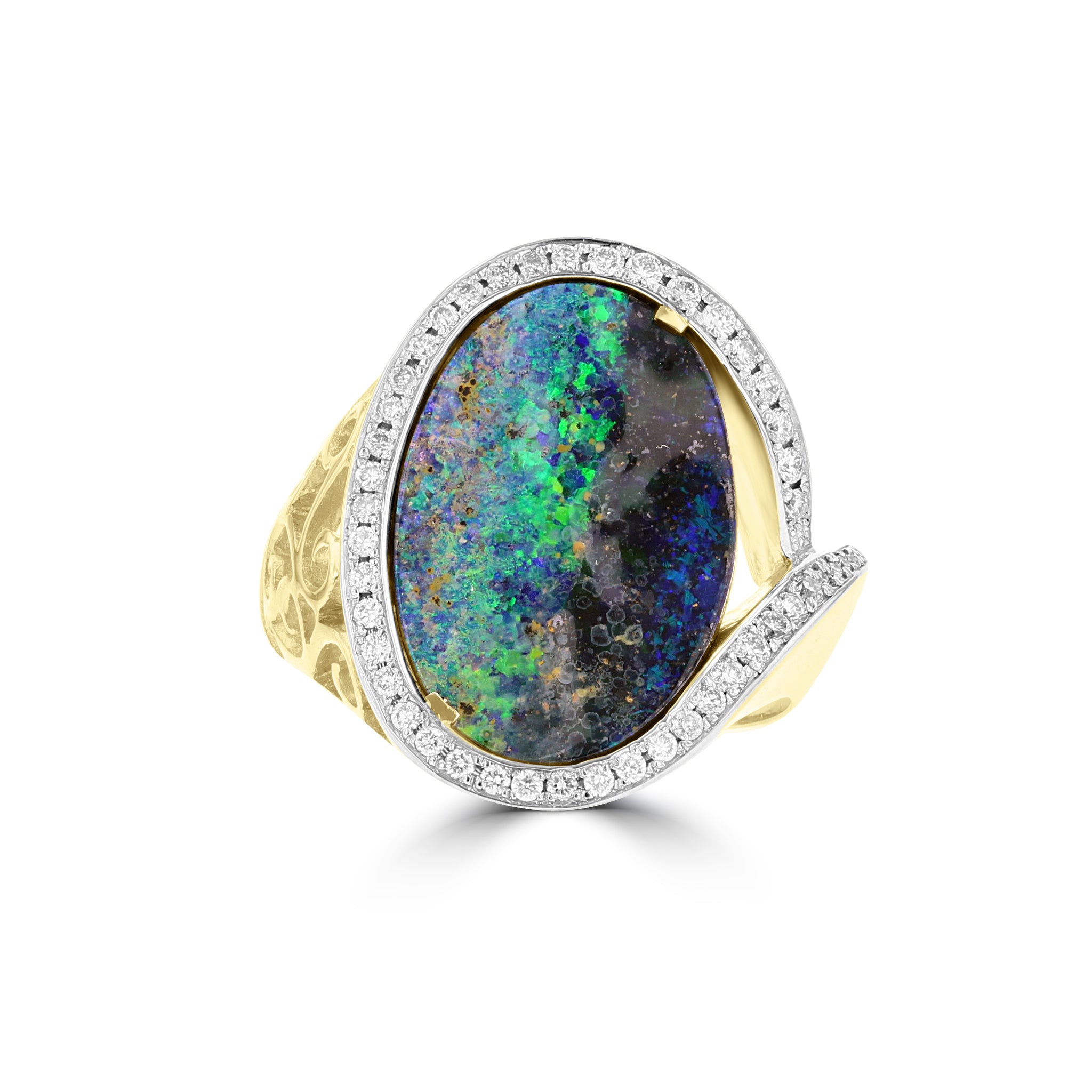 Yellow Gold 14k Aus Boulder Opal 6.04cts & Diamond 0.30ct TDW Ring