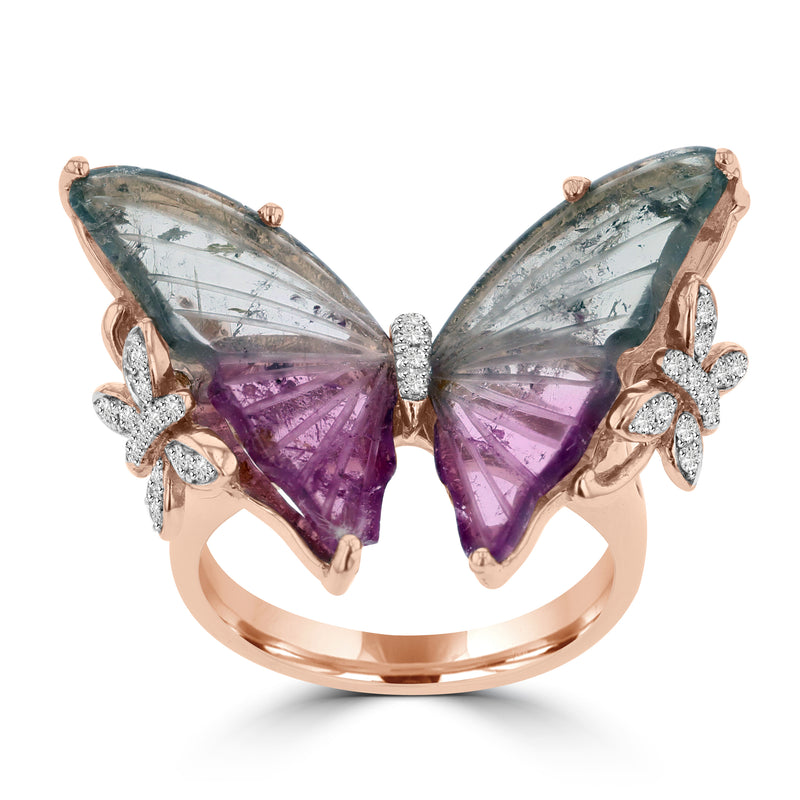 14K Rose Gold Natural Tourmaline 6.65cts and Diamond 0.20ct Butterfly Ring