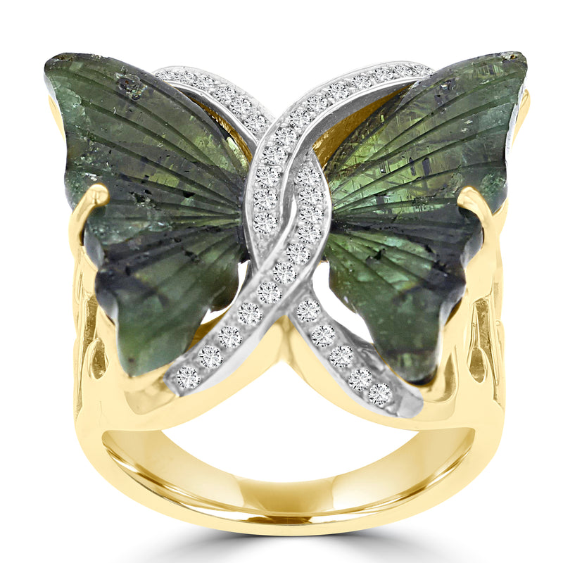 14k Yellow Gold 8 1/2ct Natural Tourmaline and 1/5ct TDW Diamond Butterfly Ring