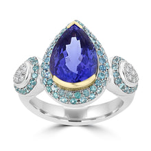 18K White/Yellow Gold Pear Tanzanite 5.12cts, Paraiba Tourmaline 0.69ct and Diamond 0.14ct TDW (SI1-VS, G-H) Ring