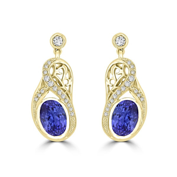 18K Yellow Gold Tanzanite 3.20cts and Diamond 0.27cts TDW (SI1-VS, G-H) Dangling Earrings