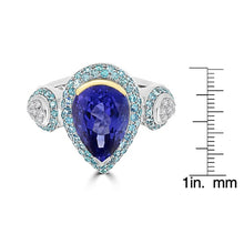 18K White/Yellow Gold Pear Tanzanite 5.12cts, Paraiba Tourmaline 0.69ct and Diamond 0.14ct TDW (SI1-VS, G-H) Ring