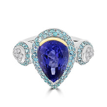 18K White/Yellow Gold Pear Tanzanite 5.12cts, Paraiba Tourmaline 0.69ct and Diamond 0.14ct TDW (SI1-VS, G-H) Ring