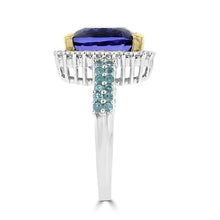 18K White/Yellow Gold Cushion Tanzanite 4.73cts, Paraiba Tourmaline 0.35ct and Diamond 0.35ct TDW (SI1-VS, G-H) Ring