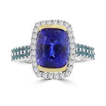 18K White/Yellow Gold Cushion Tanzanite 4.73cts, Paraiba Tourmaline 0.35ct and Diamond 0.35ct TDW (SI1-VS, G-H) Ring