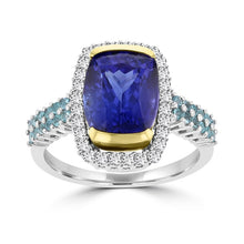 18K White/Yellow Gold Cushion Tanzanite 4.73cts, Paraiba Tourmaline 0.35ct and Diamond 0.35ct TDW (SI1-VS, G-H) Ring