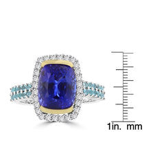 18K White/Yellow Gold Cushion Tanzanite 4.73cts, Paraiba Tourmaline 0.35ct and Diamond 0.35ct TDW (SI1-VS, G-H) Ring