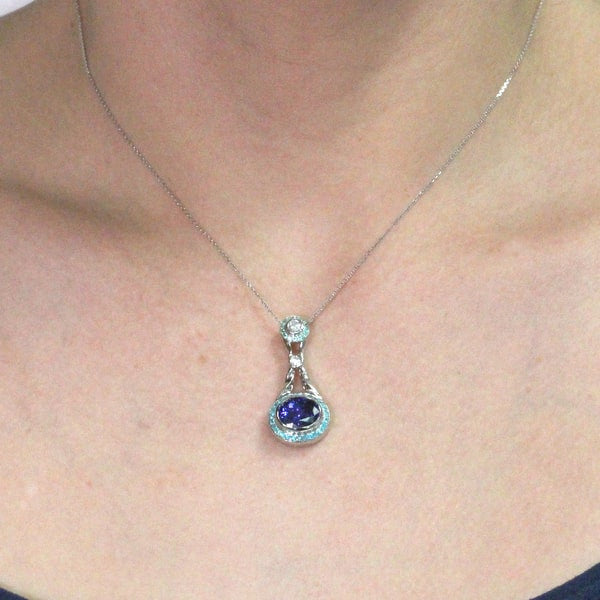 18k White Gold 3 5/8ctw TDW Pear-cut Tanzanite, Paraiba 2/5 ctw & Diamond 1/4ct TDW Pendant (SI1-SI2, G-H)