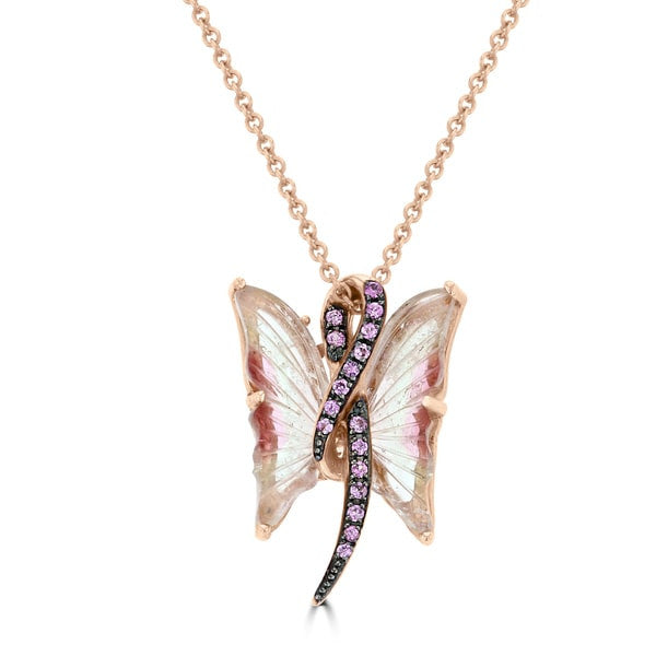 14k Rose Gold 3 1/2ct Tourmaline and Pink Sapphire Butterfly Necklace
