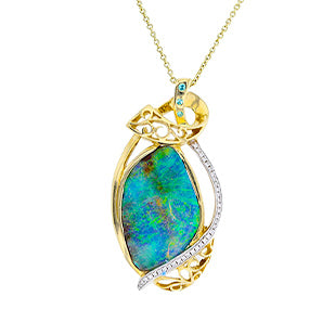 Yellow Gold 14k Aus Boulder Opal 7.41cts & Diamond 0.25ct Tdw Ring Necklace